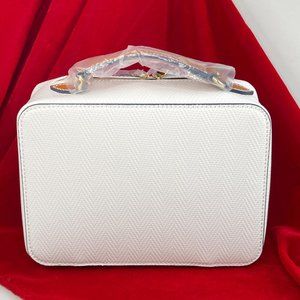 Estee Lauder White Faux Leather Travel Cosmetic Makeup Bag Dolls Zip Lined